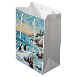 Vintage Penguins on Snowy Coastal Christmas Cliff Medium Gift Bag