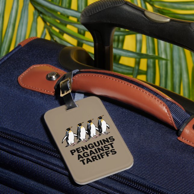 Vintage Penguins Protest Against Tariffs Funny  Luggage Tag (Front Insitu 1)