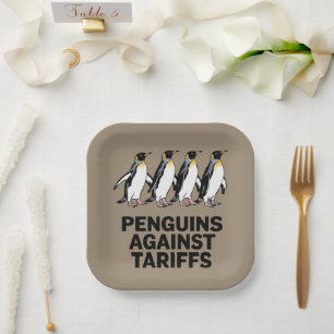 Vintage Penguins Protest Against Tariffs Funny Paper Plate
