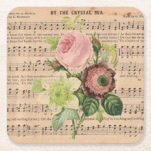 Vintage Peonies and Sheet Music Square Paper Coaster