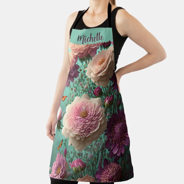 Vintage peonies in pink and burgundy, custom  apron (Insitu)