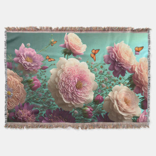 Vintage peonies in pink and burgundy throw blanket