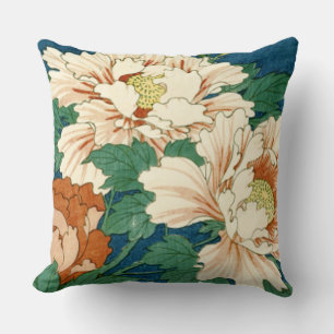 Vintage Peonies on Blue Cushion