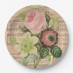 Vintage Peonies & Sheet Music Paper Plate