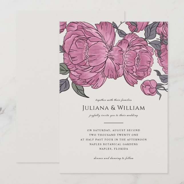 Vintage Peonies Wedding Invitation (Front/Back)