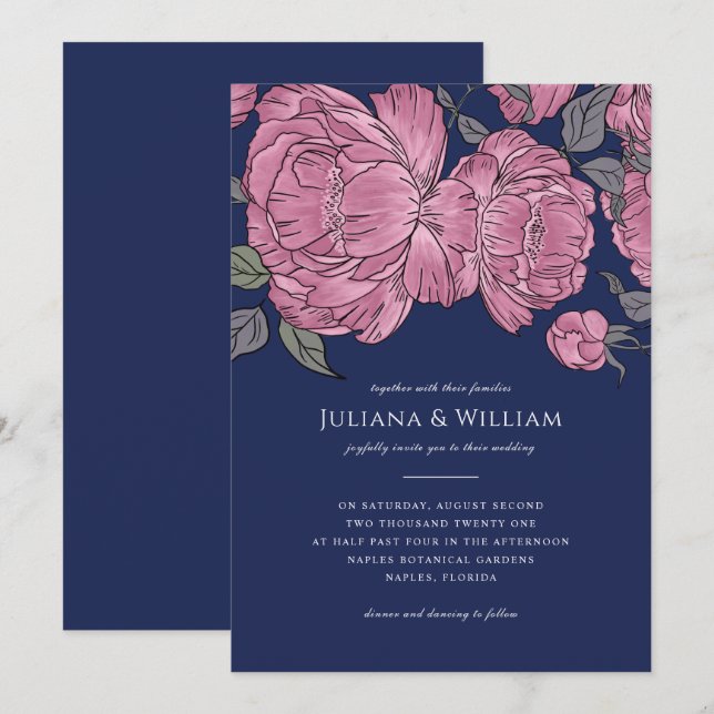 Vintage Peonies Wedding Invitation in Blue (Front/Back)
