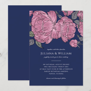 Vintage Peonies Wedding Invitation in Blue