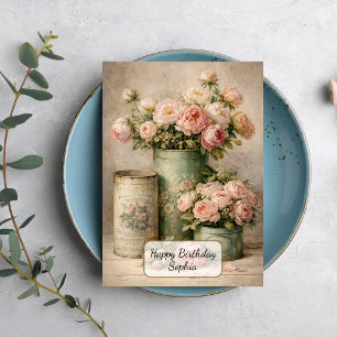 Vintage Peony Bouquet in Antique Tins Card