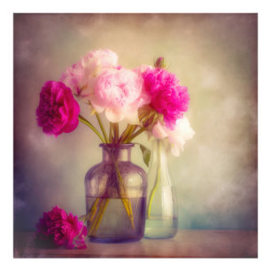 Vintage Peony Bouquet in Glass Vases Photo Print