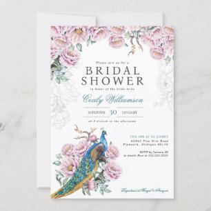 Vintage Peony Chinoiserie Peacock Bridal Shower Invitation