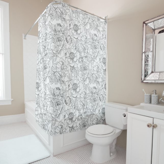 Vintage Peony Floral Pattern Shower Curtain (In Situ)