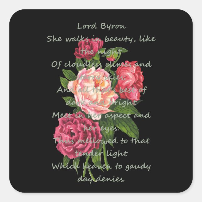 Vintage Peony Flowers Romantic Byron Poem Square Sticker (Front)