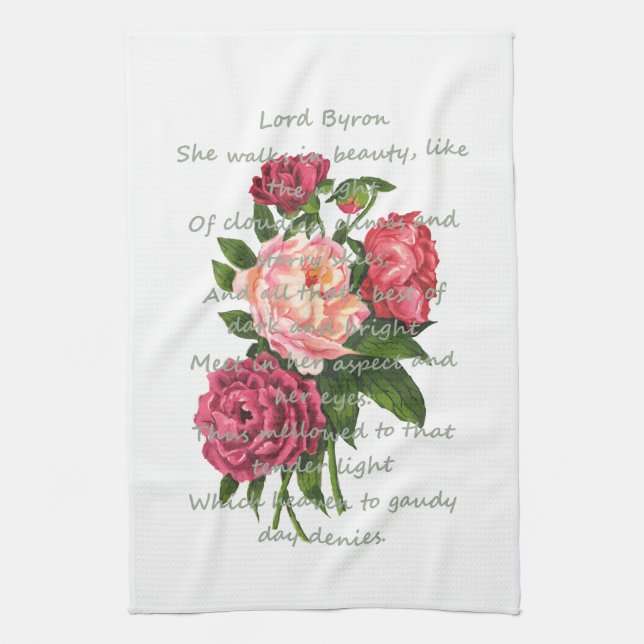 Vintage Peony Flowers Romantic Byron Poem Tea Towel (Vertical)