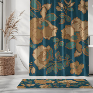 Vintage Peony Flowers Teal Ochre Sand Caramel Shower Curtain