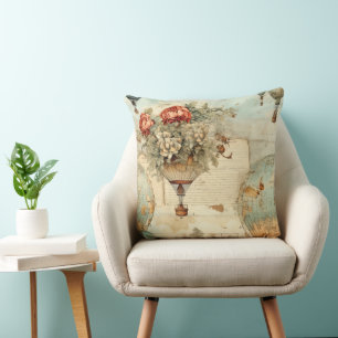 Vintage Peony Hot Air Balloon Antique Map Cushion