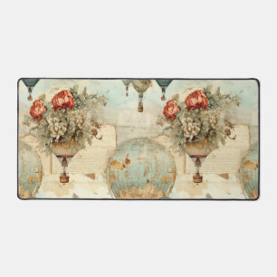 Vintage Peony Hot Air Balloon Antique Map Desk Mat