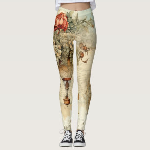 Vintage Peony Hot Air Balloon Antique Map Leggings