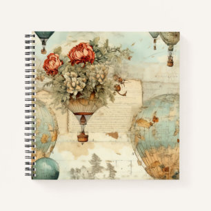Vintage Peony Hot Air Balloon Antique Map Notebook