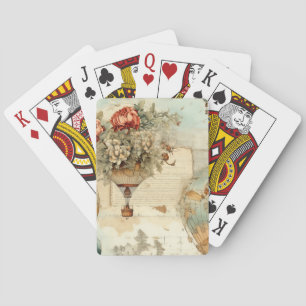 Vintage Peony Hot Air Balloon Antique Map Playing Cards