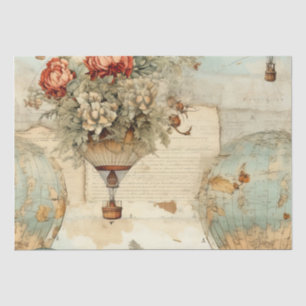 Vintage Peony Hot Air Balloon Antique Map Tissue Paper