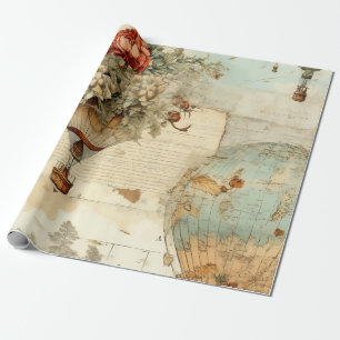 Vintage Peony Hot Air Balloon Antique Map Wrapping Paper