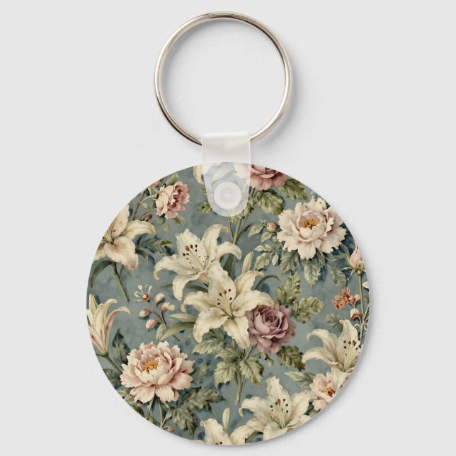 Vintage Peony Lily Floral Pattern Key Ring (Front)