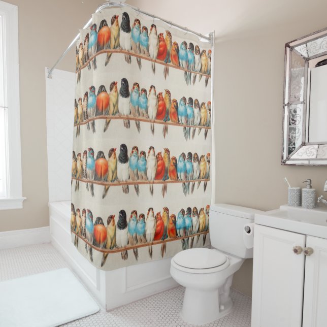 Vintage "Perch of Birds" Colourful Giacomelli Shower Curtain (In Situ)