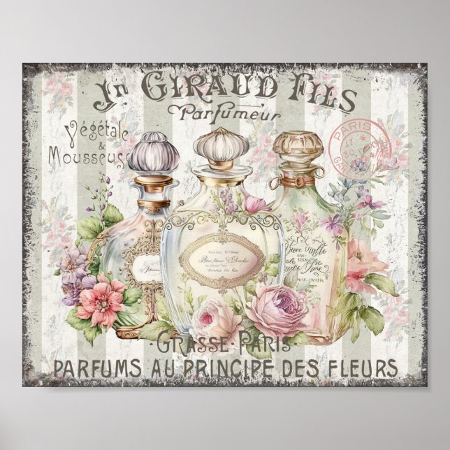 Vintage Perfume Bottles Roses French Script Poster (Front)