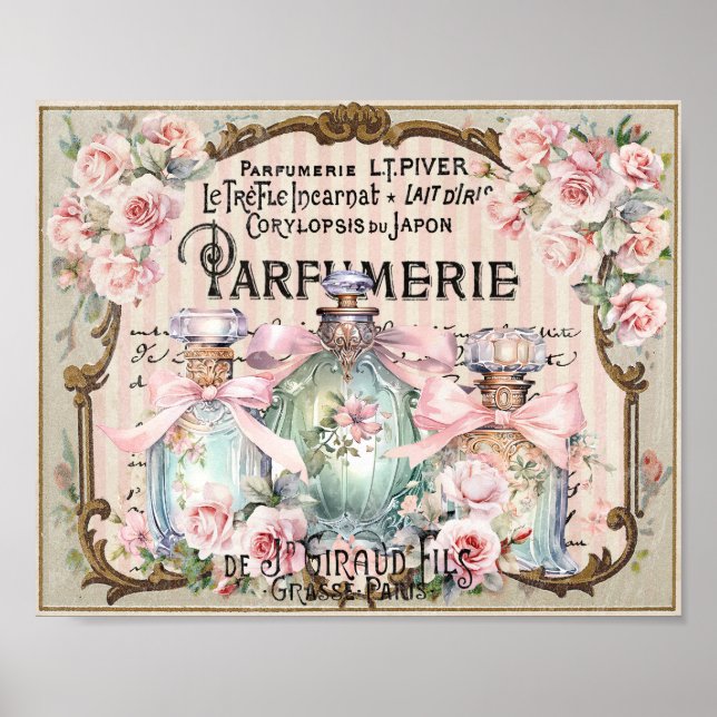Vintage Perfume Bottles Roses French Script Poster (Front)