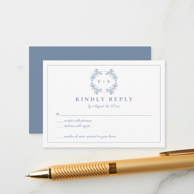 Vintage Periwinkle Monogram Wedding RSVP Card (Front/Back In Situ)