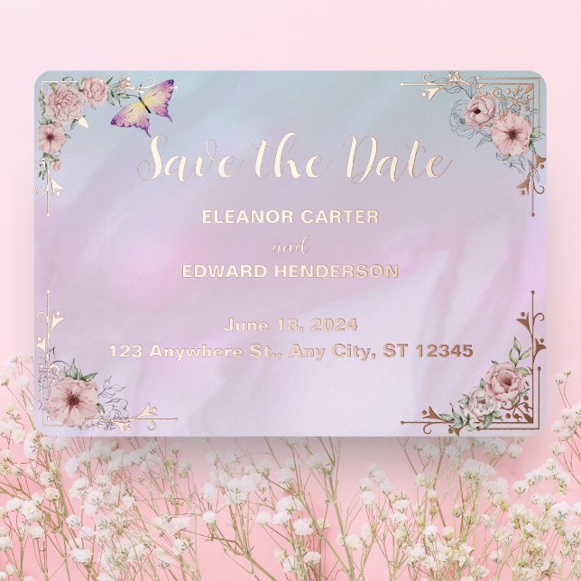 Vintage Periwinkle Peony Foil Save The Date Card (Creator Uploaded)
