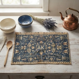 Vintage Persian Floral Rug – Navy Blue & Gold Boho Tea Towel