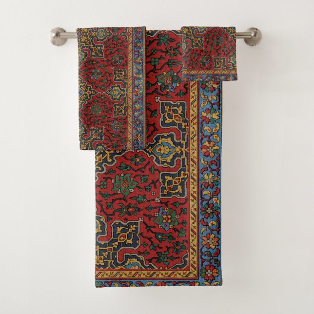 Vintage Persian Rug Pattern Red Blue Arabesque Bath Towel Set (Insitu)