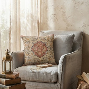 Vintage Persian Terracotta Floral Medallion Cushion