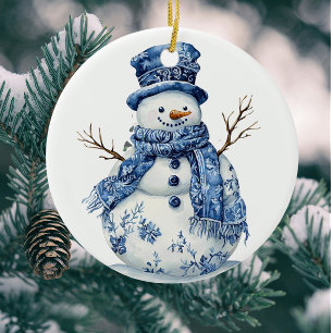 Vintage Personalise Chinoiserie Blue White Snowman Ceramic Ornament