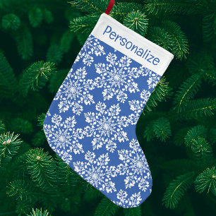 Vintage Personalised Blue White Snowflakes Large Christmas Stocking