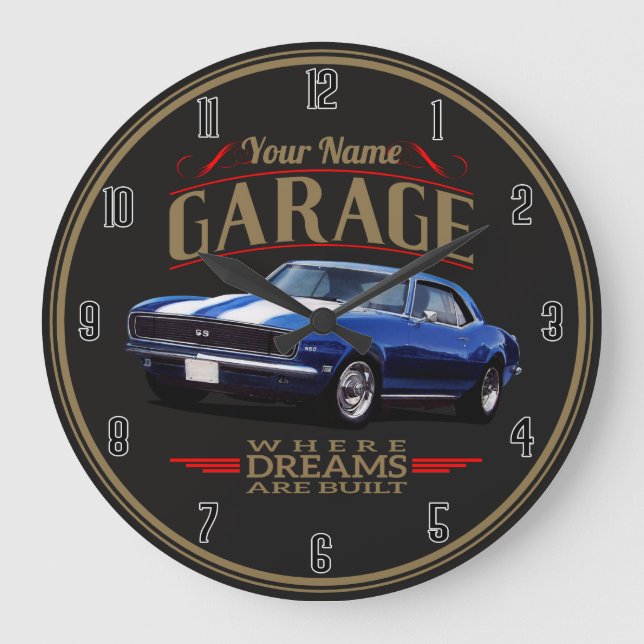 Vintage Personalised Muscle Car Garage Large Clock (Front)