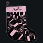 Vintage Personalised Name Pink Packages Pattern Small Christmas Stocking<br><div class="desc">You'll truly love this cute Vintage Personalised Name Pink Packages Pattern Christmas Stocking! Black background with a vintage style pink Christmas gifts pattern. Customised with pink at the top and a family member's name.

A matching stocking for each family member will look fabulous on your fireplace mantel!</div>