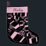 Vintage Personalised Name Pink Packages Pattern Small Christmas Stocking<br><div class="desc">You'll truly love this cute Vintage Personalised Name Pink Packages Pattern Christmas Stocking! Black background with a vintage style pink Christmas gifts pattern. Customised with pink at the top and a family member's name.

A matching stocking for each family member will look fabulous on your fireplace mantel!</div>