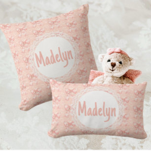 Vintage Personalised Peachy Floral Toile Bows Lumbar Cushion