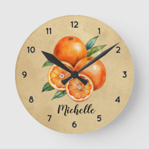 Vintage Personalised Watercolor Orange fruit Round Clock