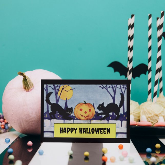Vintage Personalizable Cats Pumpkin Halloween Postcard (Creator Uploaded)