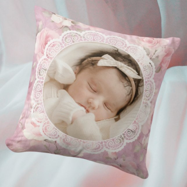 Vintage Personalized Memory Roses Lace  Cushion (For the sweetest baby!)