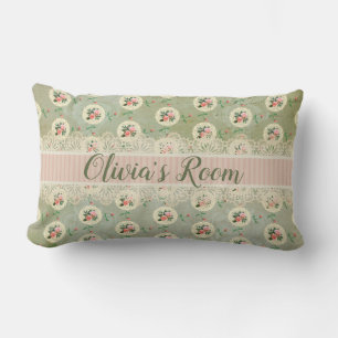Vintage Personalized Rose Doily Green Damask Lumbar Cushion