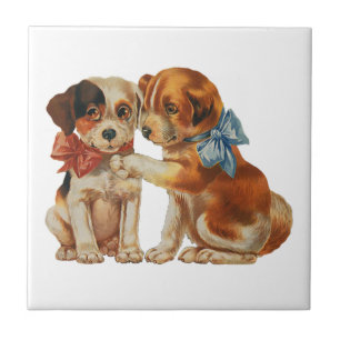 Vintage Pet Animals, Puppy Love Puppies with Bows Tile