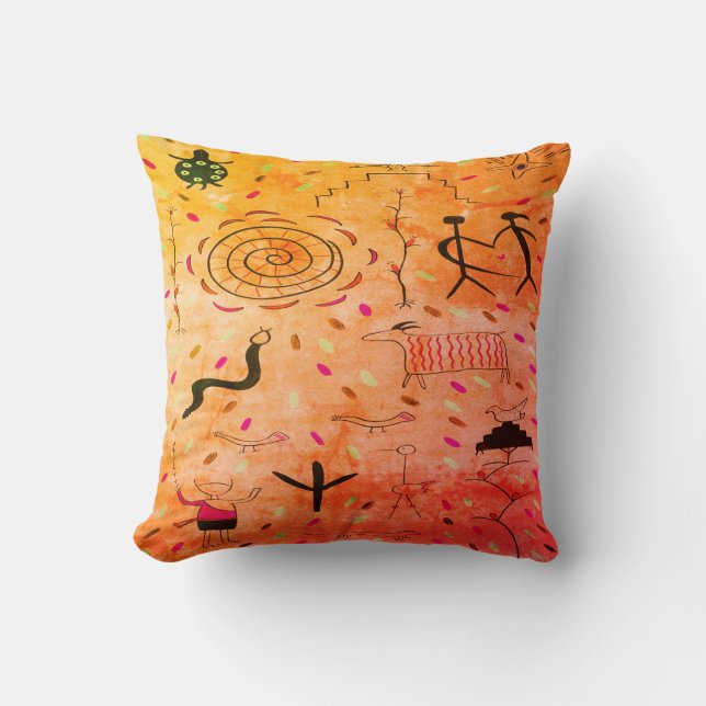 Vintage Petroglyphs Throw Pillow (Front)