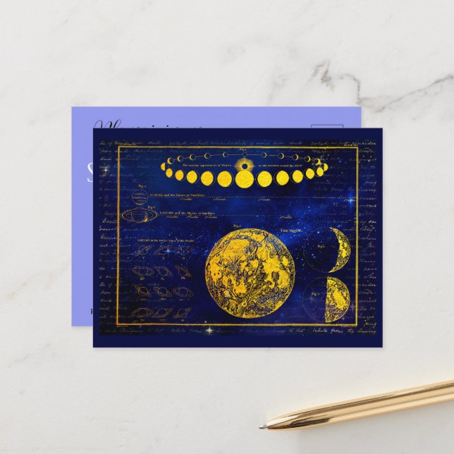 Vintage Phases of Moon Solar Eclipse Invitation Postcard (Front/Back In Situ)