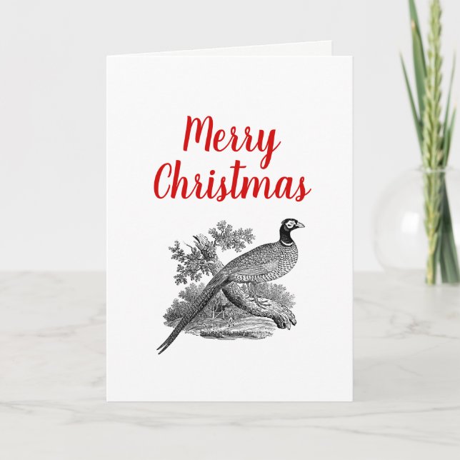 Vintage Pheasant Game Bird Drawing BW Christmas Holiday Card (Front)