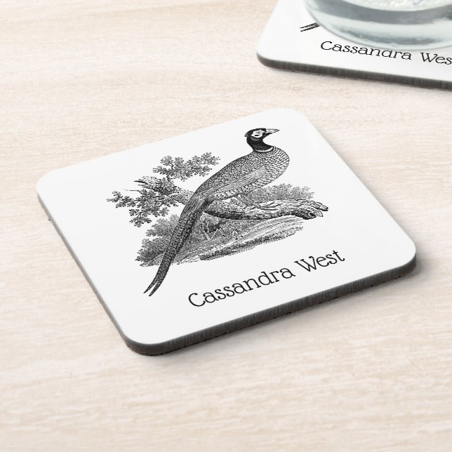 Vintage Pheasant Game Bird Drawing BW Coaster (Left Side)
