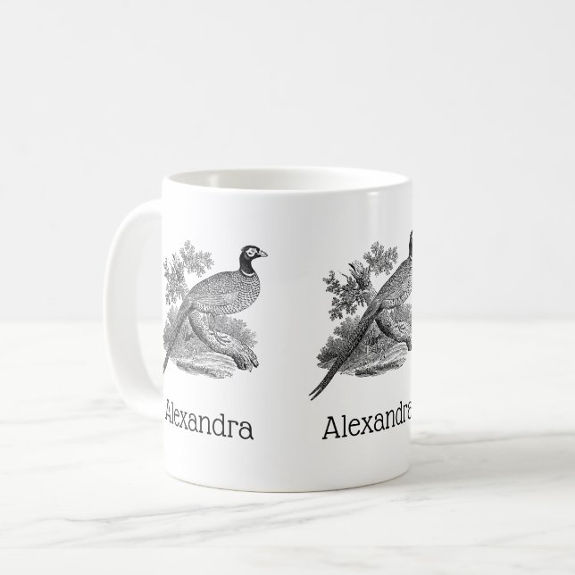 Vintage Pheasant Game Bird Drawing BW Coffee Mug (Front Left)